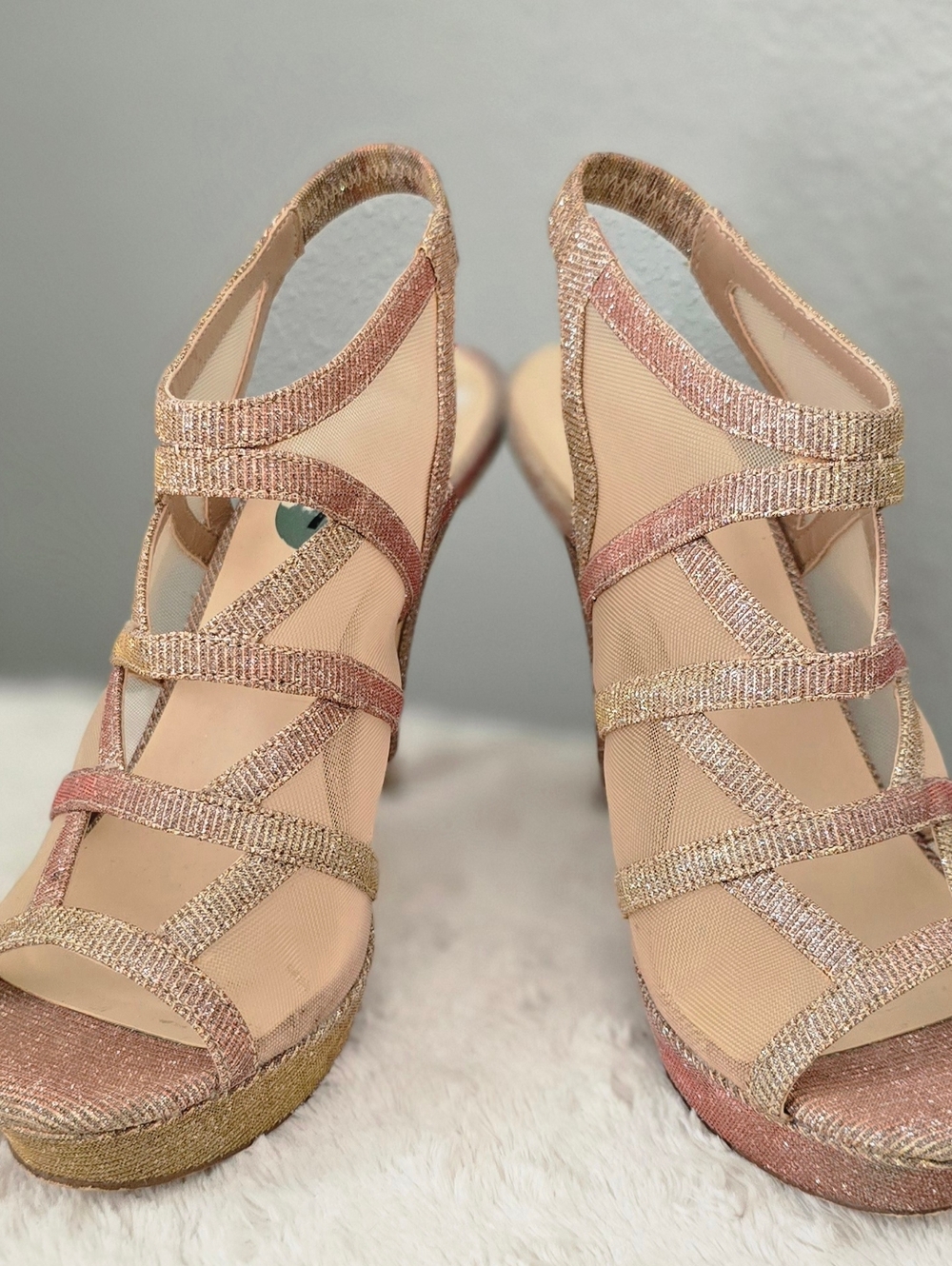 Nine West Metallic Rose Gold and Gold Strappy Wedge Sandals
